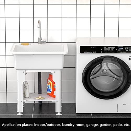 Freestanding Plastic Laundry Sink With Washboard, W25.4" × D22" × H31.5" Indoor And Outdoor Utility Sink With Cold And Hot Water Faucet, Hoses And Drain Kit For Laundry Room, Garage, Basement, Garden #TOP1