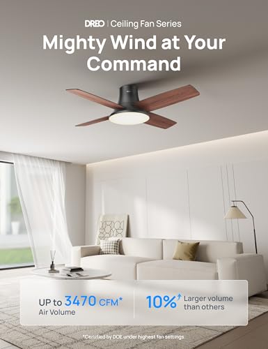 Image of DREO Ceiling Fans with Lights, 12 Speeds & 3 Fan Modes, Quiet DC Motor, Low Profile Easy to Install, Flush Mount Smart Ceiling Fan with Dimmable LED, 12H Timer for Bedroom, Remote, Black, 44''