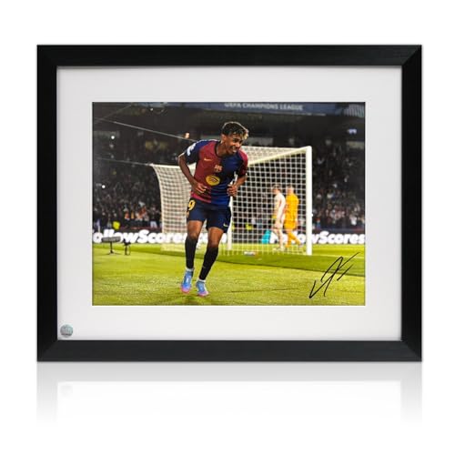 Exclusive Memorabilia Lamine Yamal Signed Barcelona Soccer Photo: Goal. Framed