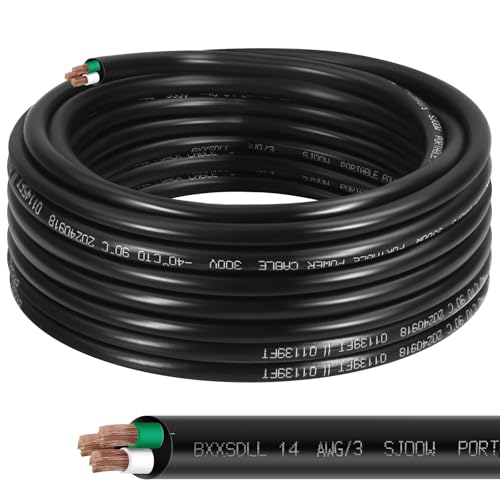 50FT 14/3 SJOOW 300V Wire, 14 AWG 3 Conductor 50FT Heavy Duty 300V Copper Cord, 14 Gauge 3 Conductor 50 Foot Portable Power Cable for Industrial Motor Leads, Machinery Circuits, Data Centers