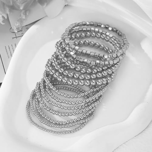 Gold Beaded Stackable Bracelet Set for Women Multilayer Beaded Stretch Bracelet Adjustable Round Beads Bracelets Golded Statement Jewelry Gift for Women4