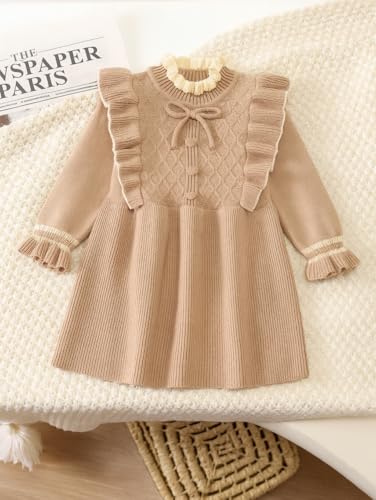 Image of Bold N Elegant Girls Winter Woolen Sweater Dress with Ruffles & Bow | Full Sleeve Woolen Warm Dress for Infant Toddler Baby Girls