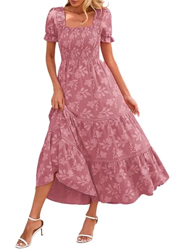 Lazysmile Women's Summer Boho Floral Maxi Dress Short Sleeve Square Neck Smocked Ruffle Elegant Wedding Guest Dress Pink