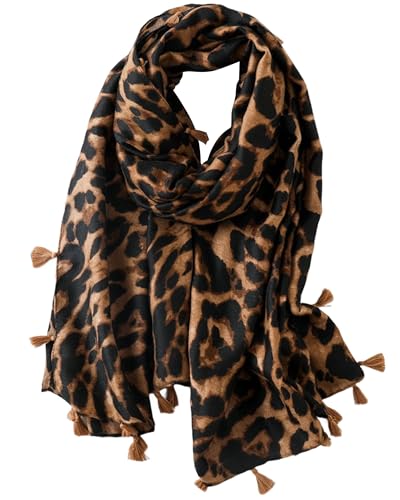 Womens Leopard Printed Scarf Lightweight Scarves Fall Winter Fashion Fringed Shawl