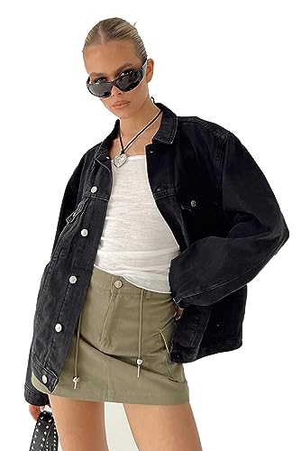 Dilgul Women's Casual Loose Oversized Long Sleeve Denim Jacket Button Jean Jacket Biker Coat2