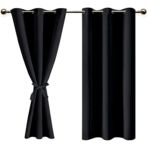 DWCN Black Blackout Curtains with Tiebacks for Bedroom Thermal Insulated Solid Eyelet Curtains for Living Room 2 Panels 46 Wide x 54 Drop