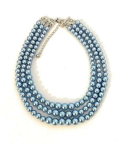 Caprilite Womens Faux Pearl 3 Layer Multi Strand Necklace Statement Bib Bead (Baby Blue)