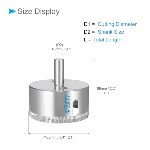 CoCud Diamond Drill Bits, 60mm Cutting Diameter, Nickel-plated Coating Diamond Core - (Applications: for Glass Precision Drilling Bits Tools), 1-Pieces 2 CoCud Diamond Drill Bits, 60mm Cutting Diameter, Nickel-plated Coating Diamond Core - (Applications: for Glass Precision Drilling Bits Tools), 1-Pieces - Image 2