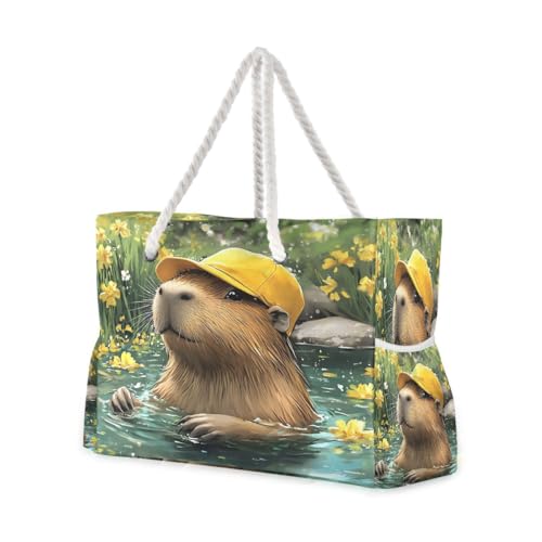 Large Beach Bags Totes Canvas Tote Shoulder Bag Yellow Hat Capybara Water Resistant Bags for Gym Travel Daily
