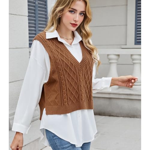 Image of Blostirno Women's Sweater Vest V Neck Sleeveless Casual Ribbed Cable Cropped Pullover Vests Argyle Plaid Knit Tank Tops