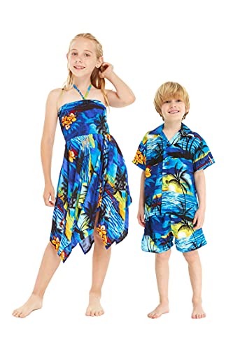 Matching Hawaiian Luau Sibling Boy Girl Fairy Dress Aloha Shirt in Sunset Blue