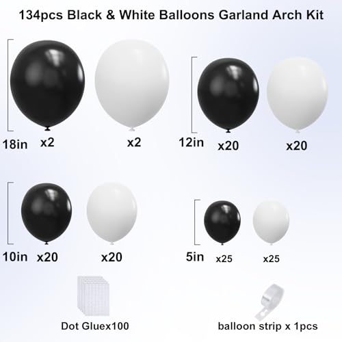 Image of YMSZ Black and White Balloons Garland Arch Kit, 134pcs White Balloon and Black Balloons for Birthday Anniversary Wedding Engagement Graduation Party Decorations