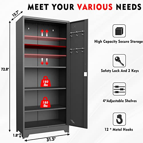 Gaious Metal Storage Cabinet, 72.8" Steel Tool Storage Cabinet With Lock And Adjustable Shelves, Garage Storage Cabinet With Leveling Feet For Garages, Offices, Warehouses, And Homes(Black) #TOP1