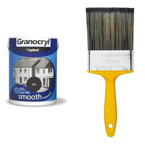 Leyland Granocryl Smooth Masonry, Black, 5L & ProDec PR4GY Flat Masonry Paint Brush for Rapid Application of Smooth and Textured Masonry Paints