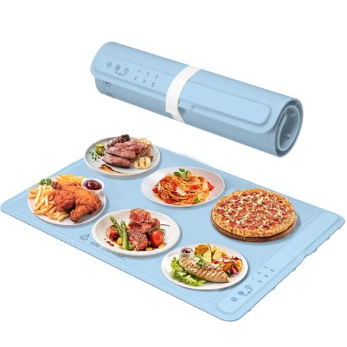 Fast Heating Warming Mat for Food with 3 Temperature and 4 Timer Settings,Waterproof Fexible Silicone Food Heating Mat with UV Coating Easy to Clean and Storage(Blue, 60x40CM)