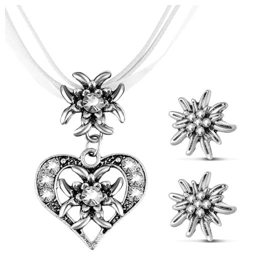 Patelai 3 Pcs Set de Bijoux d'Edelweiss Fantaisie Bijoux de Dirndl Bavarois Collier d’Edelweiss Strass avec Pendentif Cœur Boucles d'Oreilles d'Edelweiss pour Costume Traditionnel Fête Bière (Blanc)