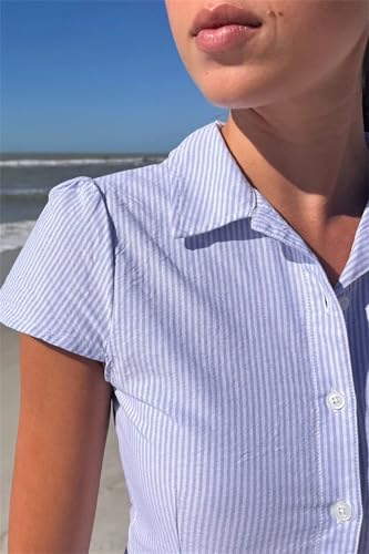 Image of Y2k Girls Vintage Coquette Button Down Shirt Women Short Sleeve V-Neck Slim Fitted T-Shirt Cute Blouse Crop Top