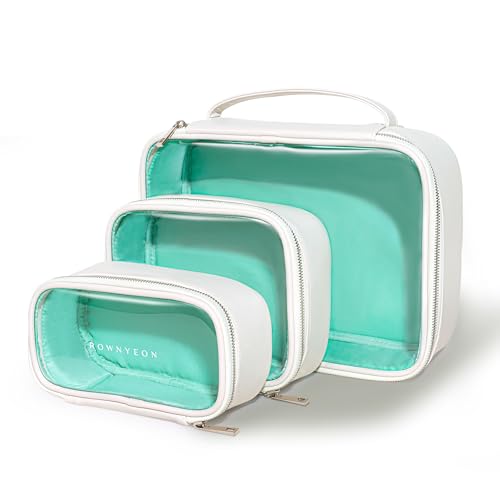 ROWNYEON 3-Piece Premium Cosmetic Organizer Set - Clear PVC & Faux Leather Storage Bags with Jewel-Tone Blue Lining, Waterproof Travel Toiletry Cases for Home/Carry-On (Jumbo/Medium/Mini)