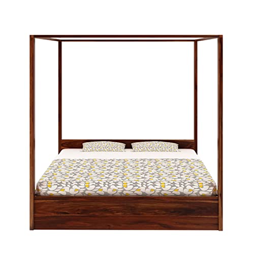 Image of Solid Sheesham Wood Queen Size Poster Bed Hydraulic Storage for Bed Room Living Room Home Wooden Double Bed Palang Solid Wood Bedroom Furniture for Hotel (Honey Finish)