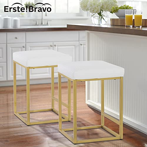 Erste!Bravo Counter Height Stools Set Of 2 White Bar Stools For Kitchen Counter 24 Inch Gold Backless Modern Barstools Industrial Upholstered Faux Leather Stools Farmhouse Island Chairs, White Gold #TOP6