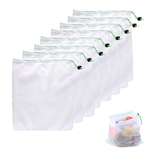 mkemka Netzbeutel mit Kordelzug 8 Stück, Netztasche Gemüsenetz Obstnetz Wiederverwendbar, Durchsichtige Mesh Bag für Gemüse/Obst/Lebensmittel/Bäckerei/Kleinteile zur Aufbewahrung