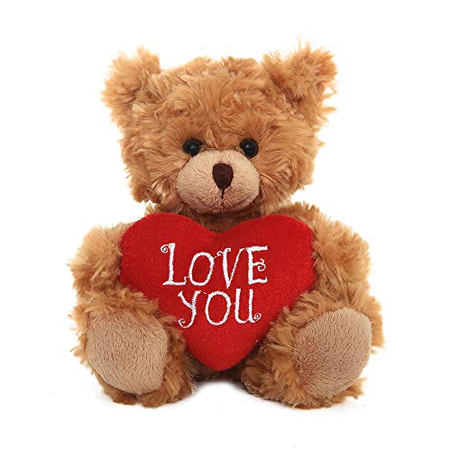 Plushland Stuffed Mocha Heart Bear - Plush Bear Toy for Kids & Adults - Embroidered Heart Pillow - Brown-9 inches