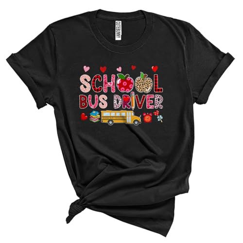 School Bus Driver; Lovely Valentine's Day Leopard Plaid Hearts School Bus; Proud Jobs Careers Family Unisex T-Shirt