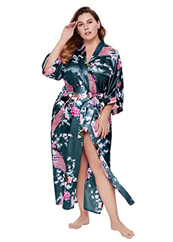 Image of BABEYOND Women's Kimono Robe Long Satin Robes with Peacock and Blossoms Printed Kimono Nightgown
