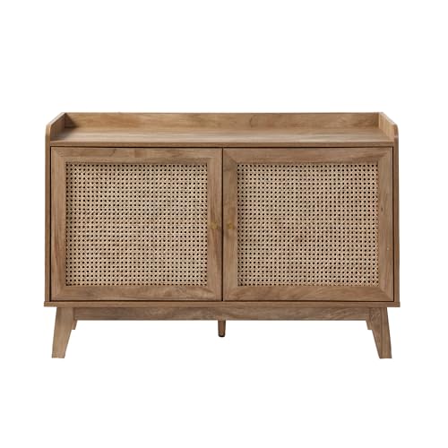 Calicosy – Aparador de 2 puertas – Decoración de madera – Cannage Ratán – Paneles de partículas – Botones de metal – Bandeja con borde – Sala de estar, entrada, dormitorio – Contemporáneo y exótico –