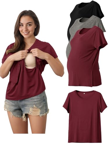 Image of Rnxrbb Women Short Sleeve Nursing Tops for Breastfeeding T Shirts Summer Maternity Nursing Shirt Clothes 3 Pack Double Layer,Black&D Gray&Purple red M