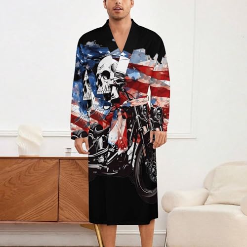 Skull Motorcycle U.S. Flag Soft Robe Long Sleeve Bathrobes V Neck Sleepwear Spa Robes with Belt Men Woman2