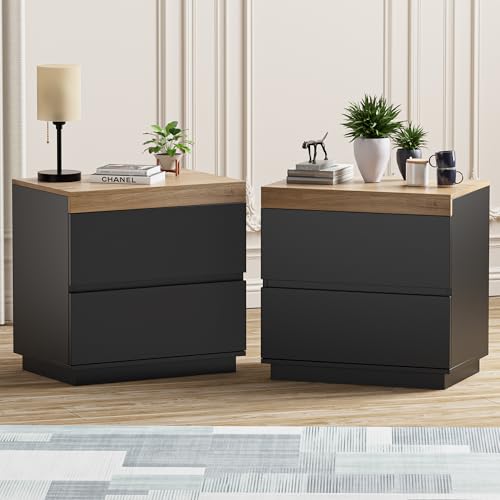 Image of Nightstand Set of 2 with Oak Top, 23.7 inch Black Night Stand with 2 Drawers, Modern Bedside Table Wood End Table for Bedroom