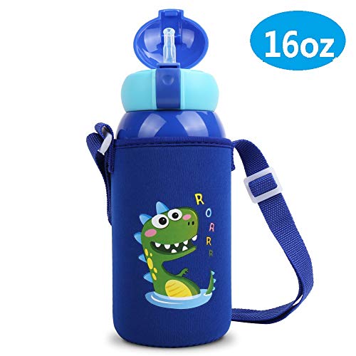 Stainless Steel Thermos Kids Water Bottle with Straw,16oz Spill Proof Insulated Water Flask