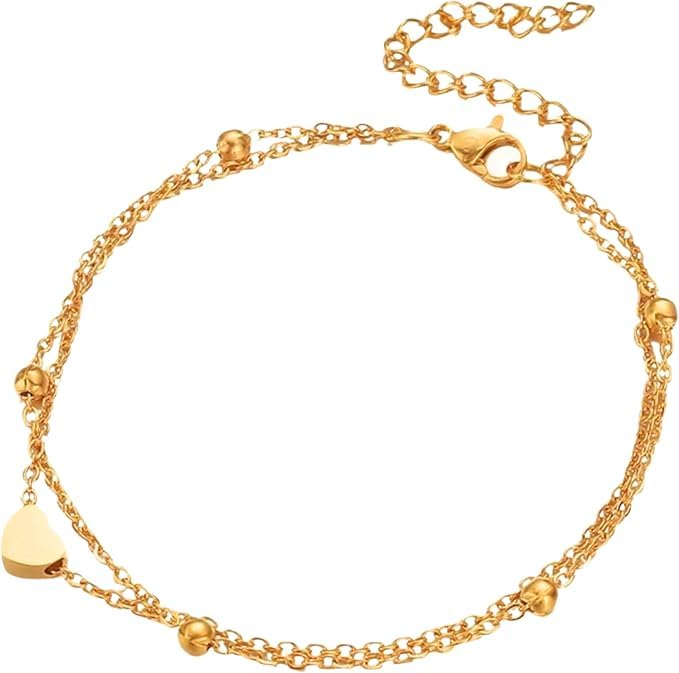 Gold Color Stainless Steel Anklet – Adjustable Double-Layer Beaded Chain Ankle Bracelet with Heart Charm for Women