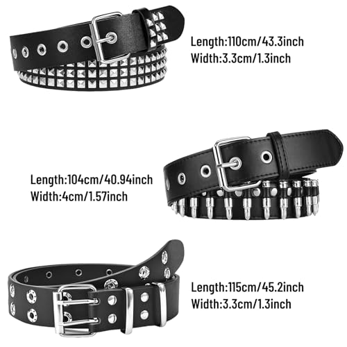Black Studded Belt Y2K Belt 3 PCS Cool Belts Gothic Punk Rock Belts with Grommet Threads Bright Metal Pyramid for Women Men3