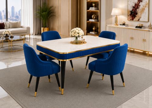 Image of WOODEN SPACE 4 Seater Wooden Dining Table Set | Urban Marble Top Dining Table with Chairs for Dining Room & Kitchen (Modern Zyro Navy Blue) (54 x 36 x 30 inch)