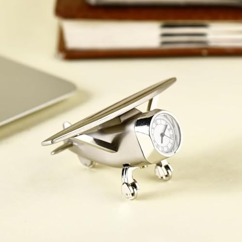 Image of Giftana Aeroplane Miniature Analog Table Clock for Students, Airplane Miniature Desk Clock Paper Weight for Doctors Table, Manual Adjustment, Easy Battery Replacement|93x40 Mm (Silver)