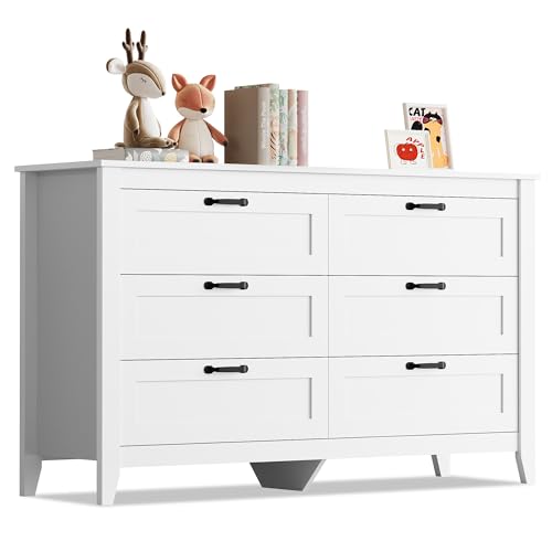 WLIVE White Dresser for Bedroom, 6 Drawer Wood Dresser with Metal Handle, Large Double Wooden Chest of Drawers for Living Room, Hallway, Closet