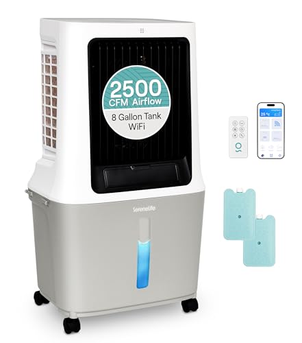 SereneLife Portable Swamp Cooler Air Conditioner - 2500 CFM Airflow, 8 Gallon Water Tank Portable Evaporative Air Cooler for Room & Outdoors, WiFi, Humidifier & Fan Modes, Ice Packs & Remote Included