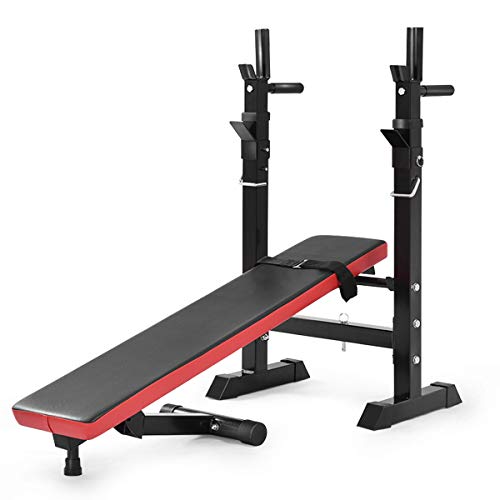 GYMAX Adjustable Weight Bench with Barbell Rack, Folding Lifting Bench for Full Body Exercise, Foldable Workout Sip Up/ Incline Bench for Home/Apartment