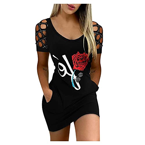 Sayhi Summer Dresses for Women, Rose Prints Rhinestone Hollow O-Neck Short Sleeve Summer Casual Lace Dress Party Dress(A2-Black,M)