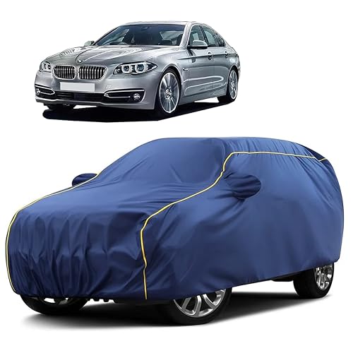 Image of Sulfar 100% Water Resistant Car Body Cover Compatible with Mirror for BMW 525i (Triple Stitched, Full Bottom Elastic, Blue Taffeta with Yellow Piping)
