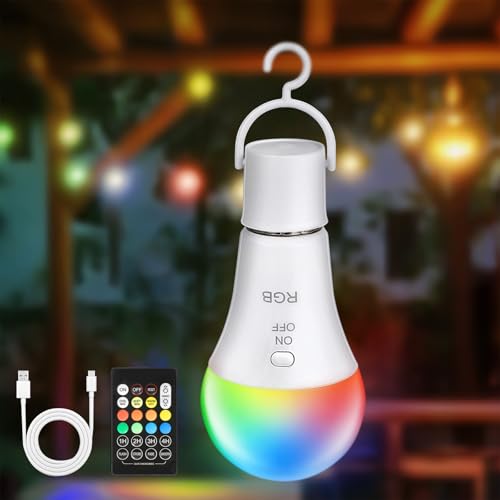 Kimjo Bombilla Led E27, Bombilla Recargable USB con Control Remoto 7W RGB Regulable con Gancho, USB C, Para Camping, Interior, Exterior