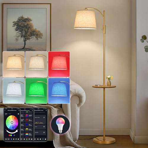 Image of AIDENOEY Smart Floor Lamp with Side Table | Stepless Dimming, RGB Multi-Color | Adjustable Swivel Head | Voice Control with Alexa & Google Assistant |Golden Lamp for Living Room,Bedroom,Home Office