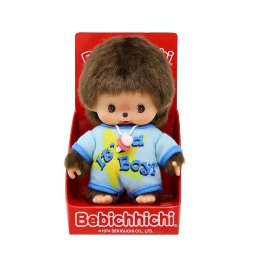 Sekiguchi 203840 - Original Bebichhichi Junge Plüschtier mit hellblauem Strampler ca 14 cm großes Kuscheltier aus braunem Plüsch