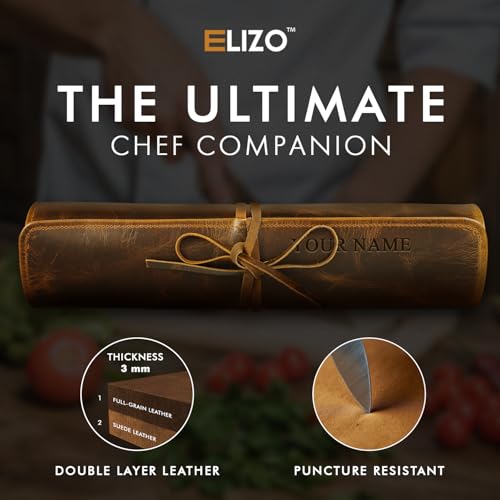 Image of ELIZO Personalized Premium Full Grain Leather Chef Knife Roll, 17L x 14W Inches Knife Storage Travel Case, Professional Custom Monogram Embossed Chef Knife Case - Holds 4 Chef Knives