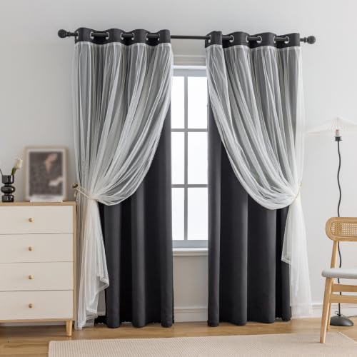 Image of Anytime Double Layer Blackout Curtains 2 Panels,52Wx90L,Black | Sheer And Fabric Window Drapes Grommet Top Solid Color Bedroom Living Room Home Decor