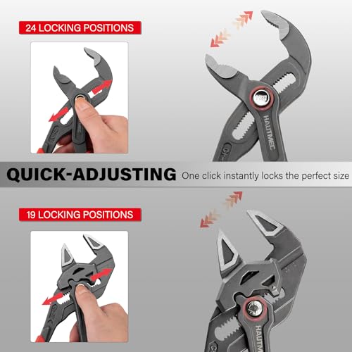 Image of HAUTMEC 2-Piece 10 Inch Adjustable Pliers Wrench & Water Pump Pliers, Parallel Smooth Jaw & V-Jaw, CR-V Steel, Fast Adjustable Tongue and Groove Joint Pliers for Plumbing, Mechanical, Home Repair