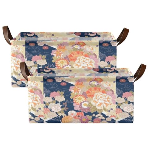 Fygkptb Traditional Kimono Pattern Asian Japanese Chinese Floral Flowers 2 PC Rectangle Foldable Frame Basket Leather Handles Storage Bin for Laundry Bathroom Organizer 16.9 x 11.4 x 7.7 inch
