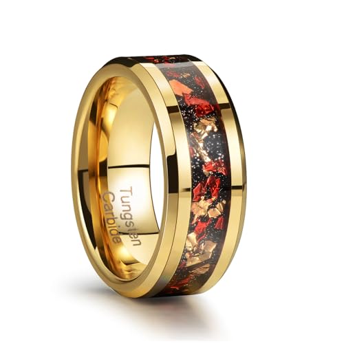 Men's 8mm Black/Gold Tungsten Carbide Wedding Ring Nebula Galaxy Wedding Promise Gold Foil Inlay Real Meteorite Matte Bevel Comfort Fit